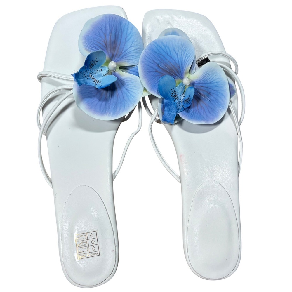 Y2K Orchid Floral Strappy Kitten Heel Sandals Square Toe Blue Purple Size 43